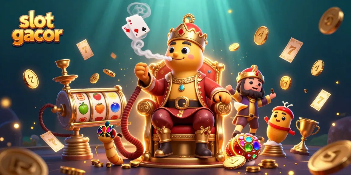 Engage with slot gacor through vibrant slot reels and golden symbols in a whimsical casino scene.