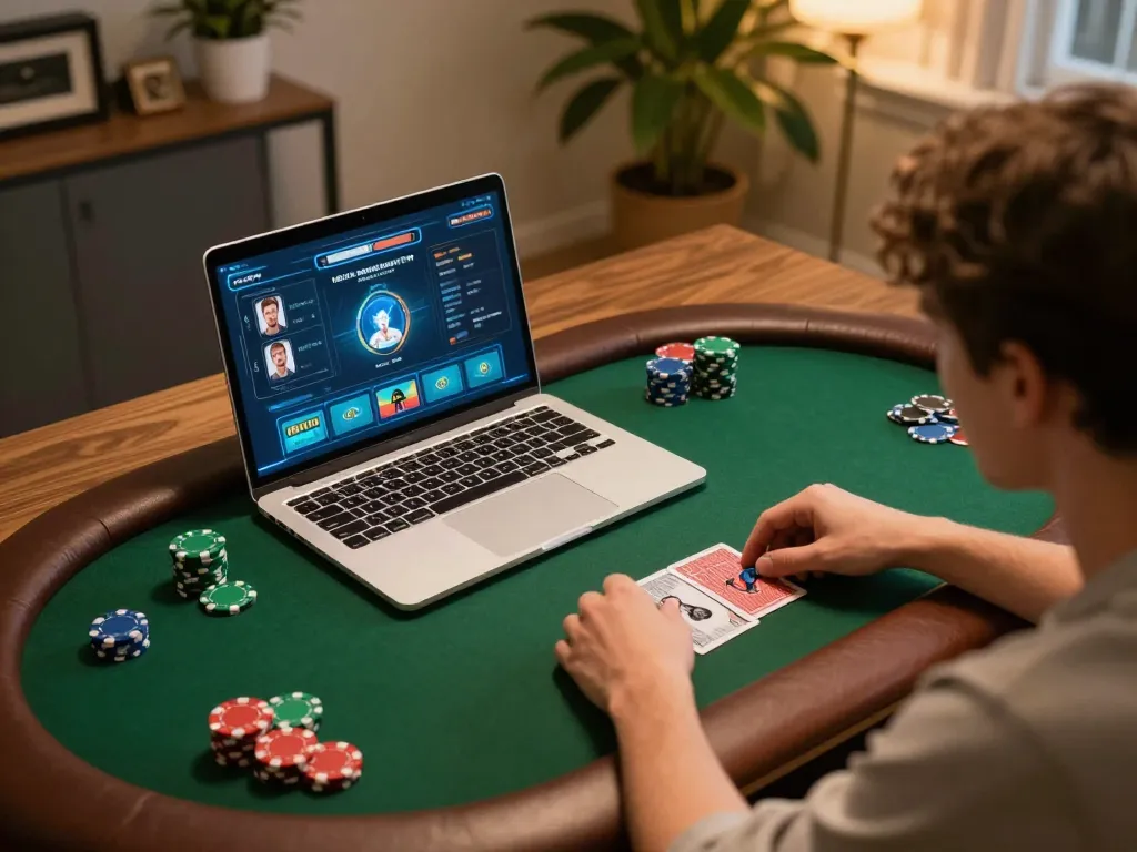 uu88 user enjoying an engaging online poker game at home with visible poker chips and cards
