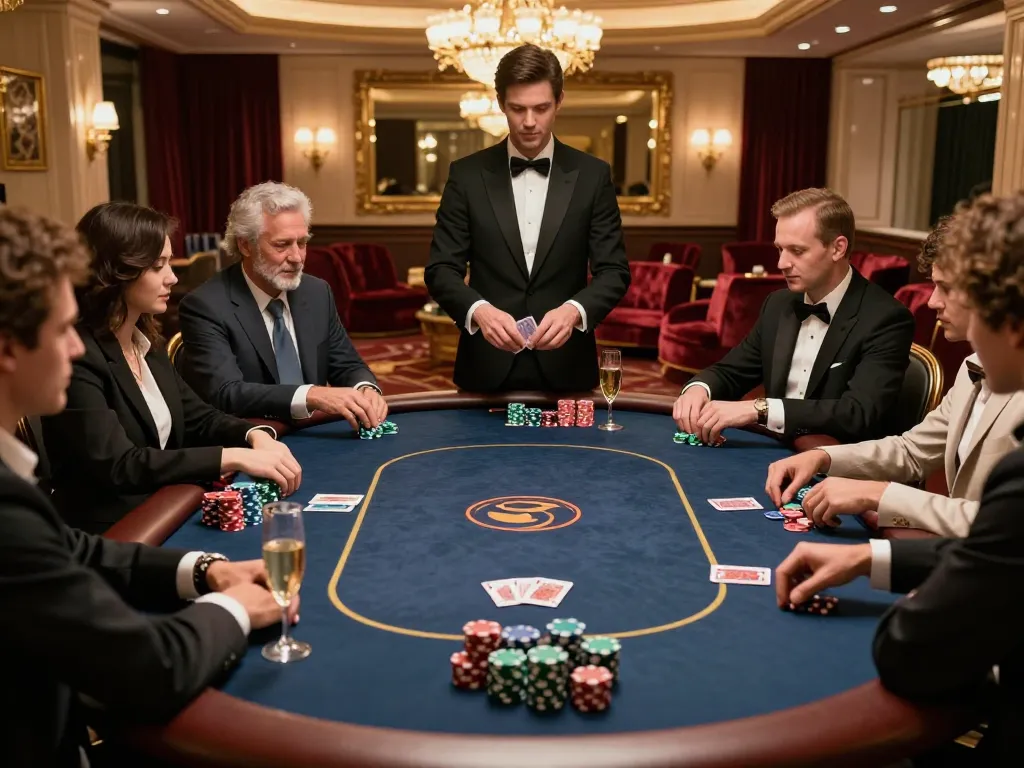 mm88 high-stakes poker game in an elegant casino setting with players and dealer in action