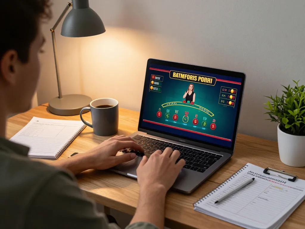 Player engaging in online gambling at F8BET, focusing on live dealer blackjack in a cozy home office.