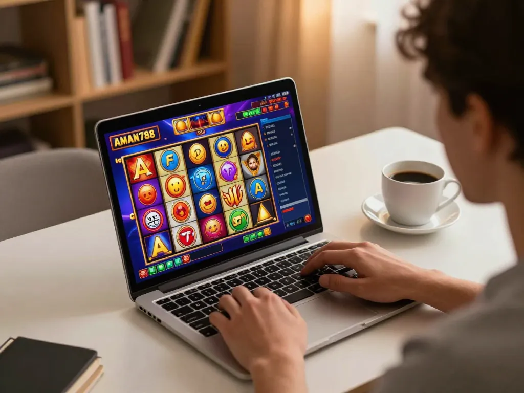 Pemain yang terlibat dengan slot aman788 online, layar cerah yang menampilkan permainan berwarna-warni di setting rumah yang nyaman.