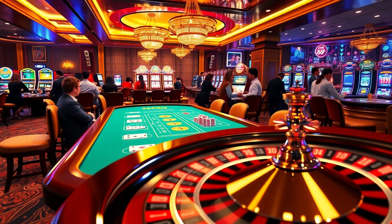 Experience the thrill of gambling at 98win, featuring vibrant casino tables and colorful slot machines.