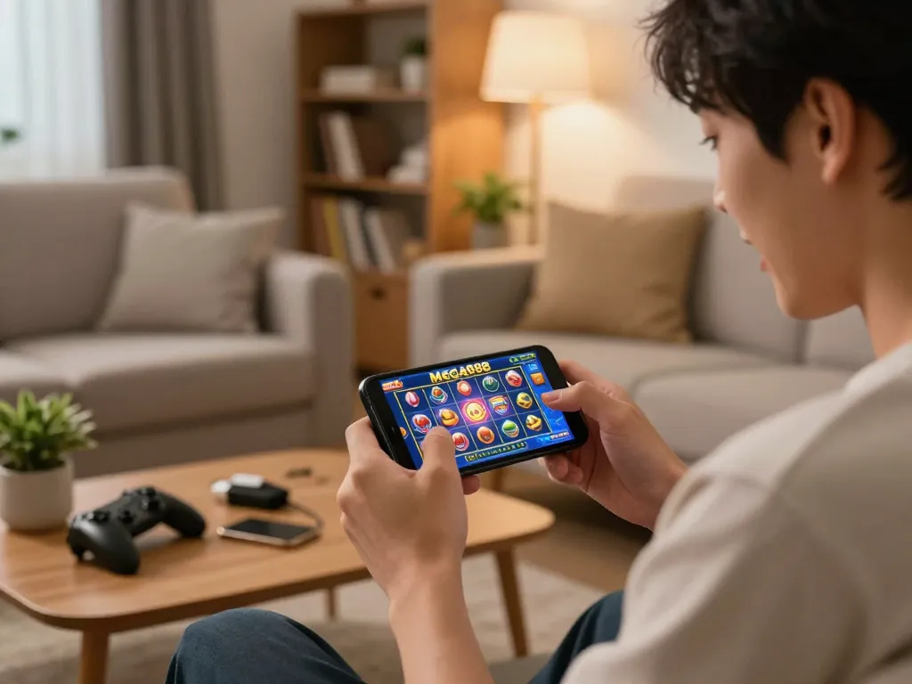 Mega888 Slot gameplay on smartphone in a cozy home setting, showcasing player engagement and excitement.