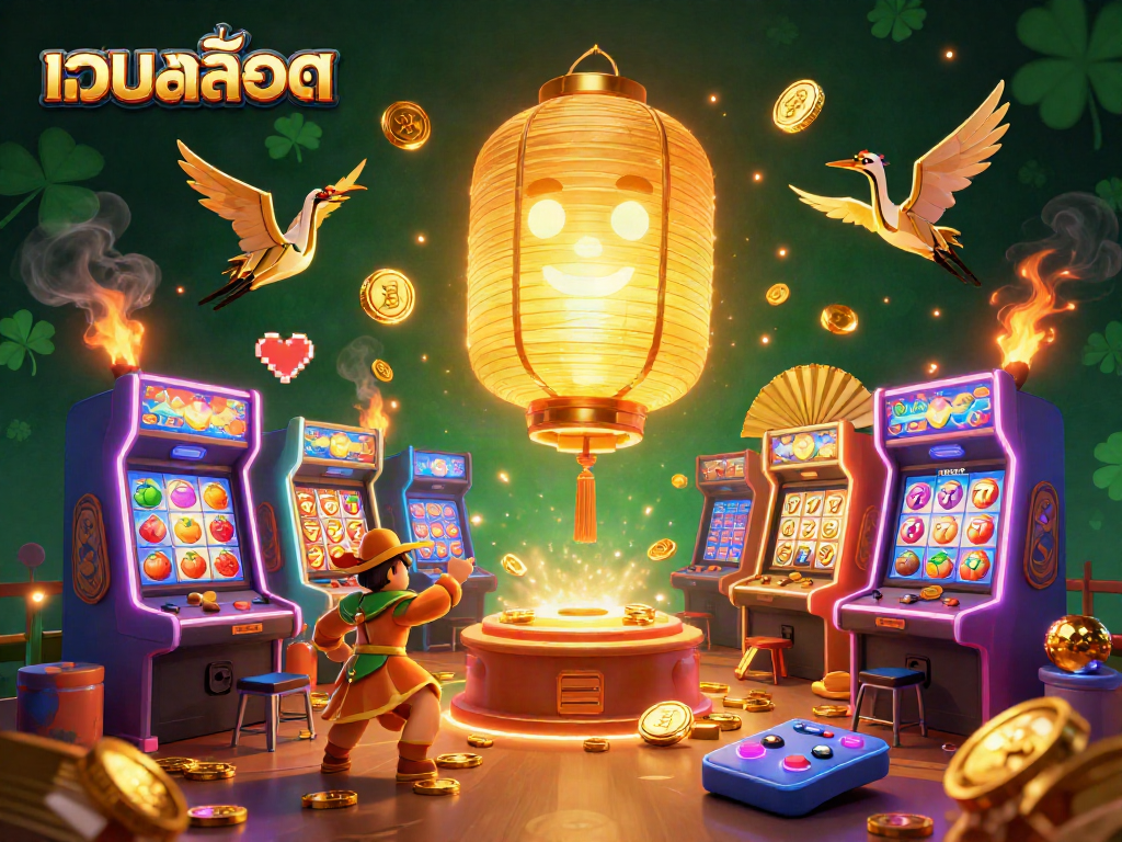 Play exciting slot games at เว็บสล็อต with a vibrant night market casino illustration filled with lucky symbols and golden elements.