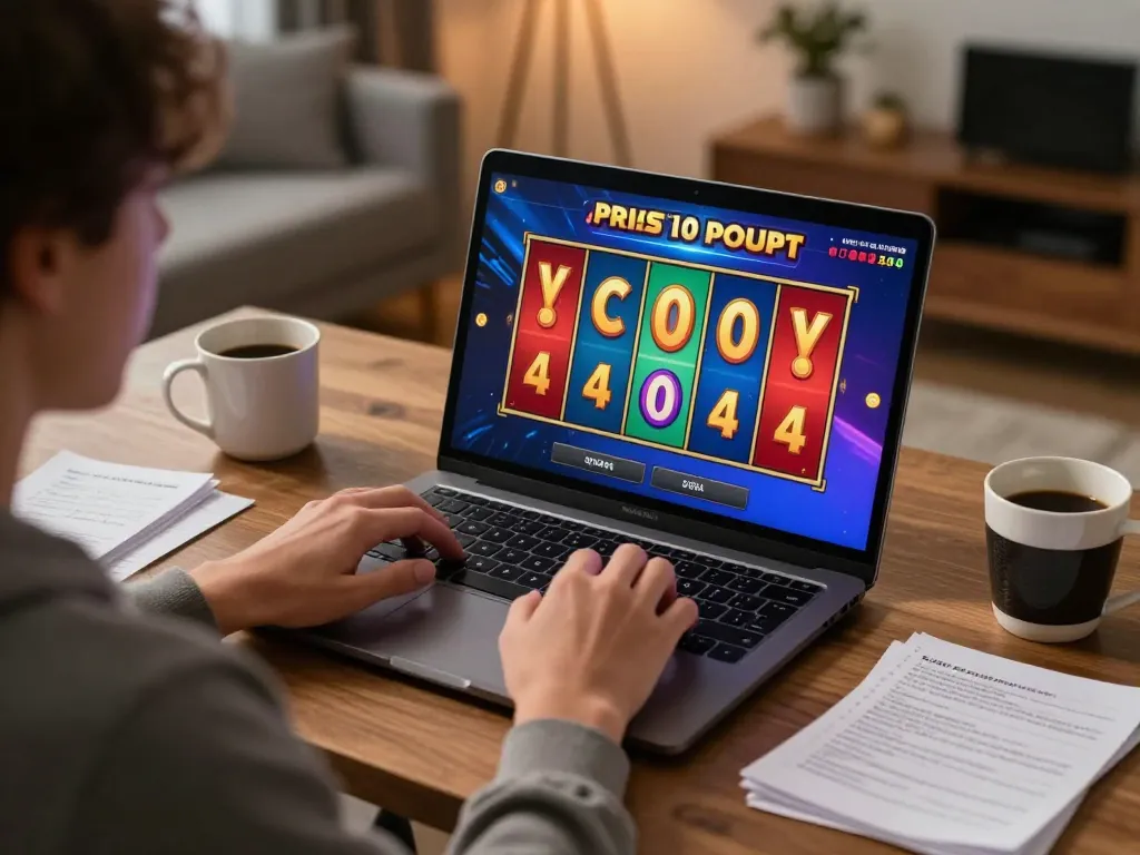 Engaging in slot online gameplay on a laptop with vibrant reels spinning, cozy home setup.