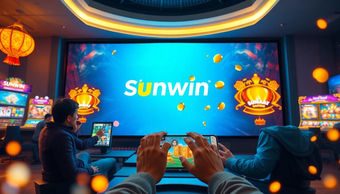 Engaging scene of Sunwin online gaming platform showcasing interactive Tài Xỉu, Nổ Hũ, and poker games for an exciting user experience.