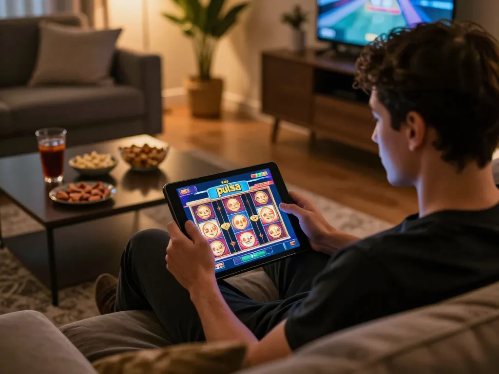 Engaging in thrilling slot pulsa gameplay on a tablet in a cozy living room setting