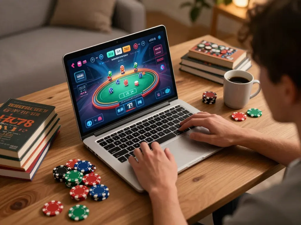 The player engages with the 45678 app for an exciting online poker game, surrounded by colorful chips and strategy books.