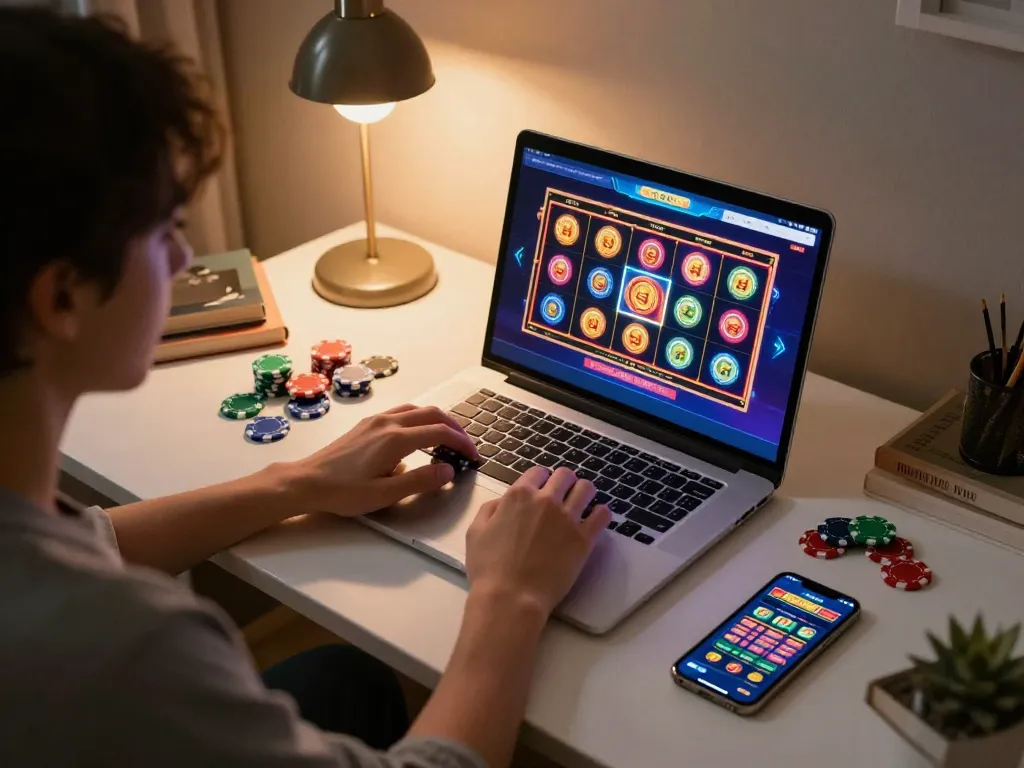Engaging in online gaming at home with gg88 slot interface and colorful chips