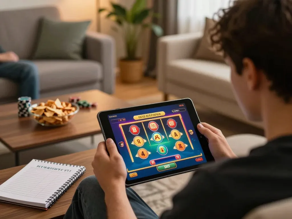 Engaged player on 100cuci tablet enjoying slot games in a cozy living room setting.