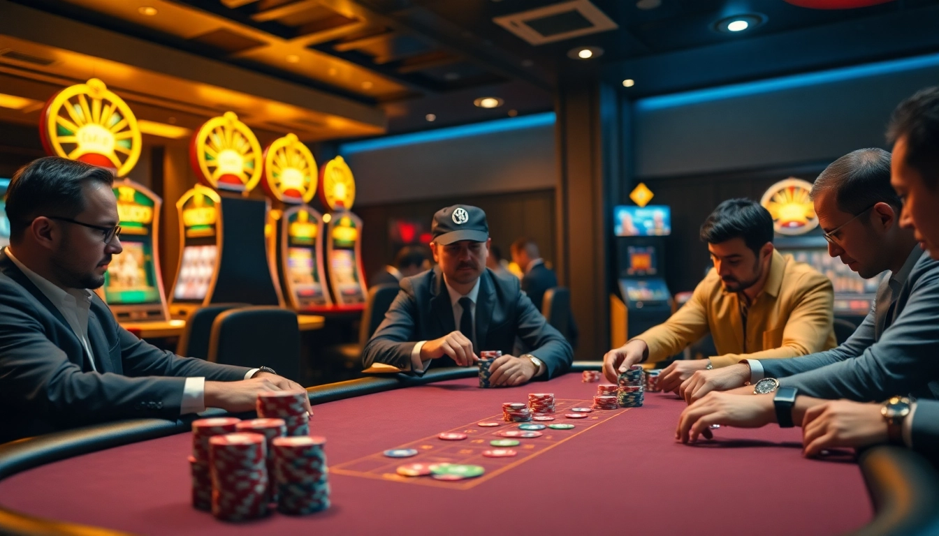 dabet poker players engaging at a high-stakes table with colorful chips and vibrant casino atmosphere.