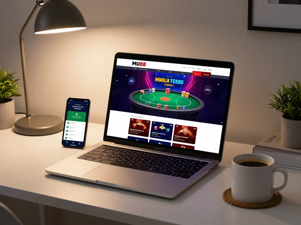 Join the excitement at MU88 casino with vibrant poker gameplay displayed on a laptop.