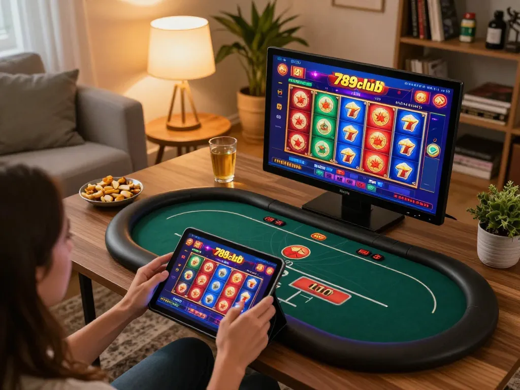 Engaging user interacting with 789club online casino app on a tablet, surrounded by a cozy gaming setup.