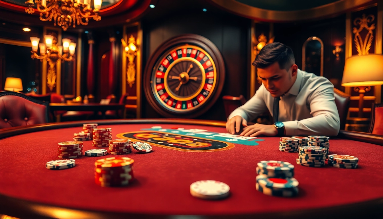 Experience the excitement of gambling at nhà cái xx88 with vibrant poker games and a roulette wheel.