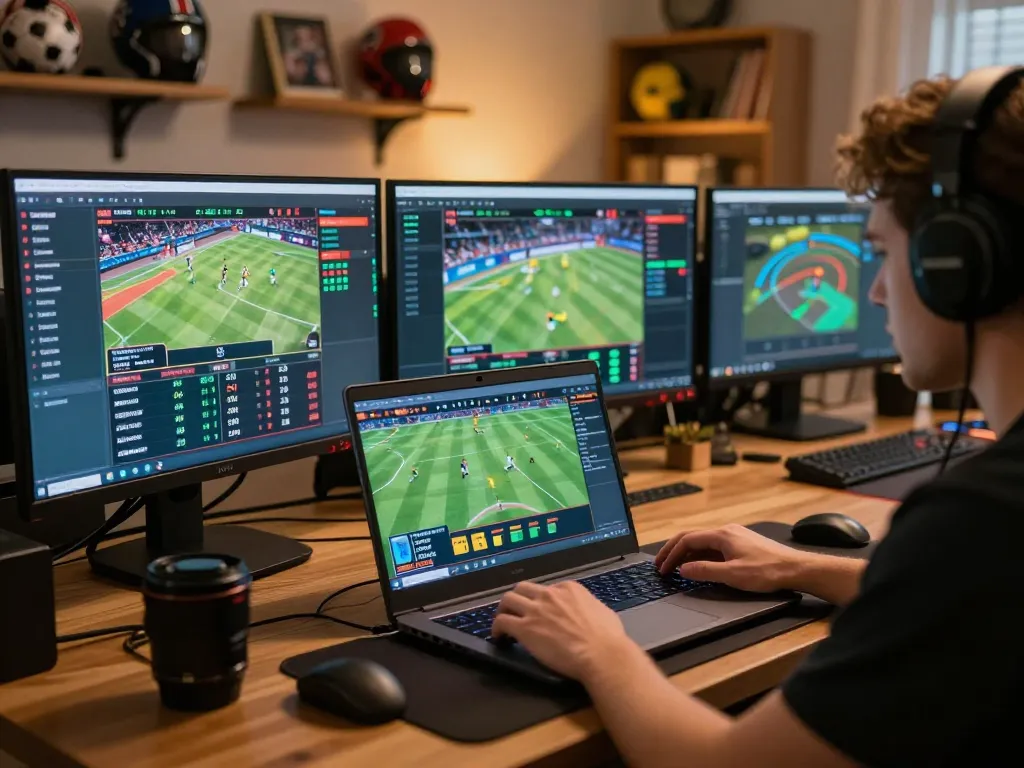 Engaging in fun88 sports betting on multiple screens with warm lighting, highlighting strategic plays.