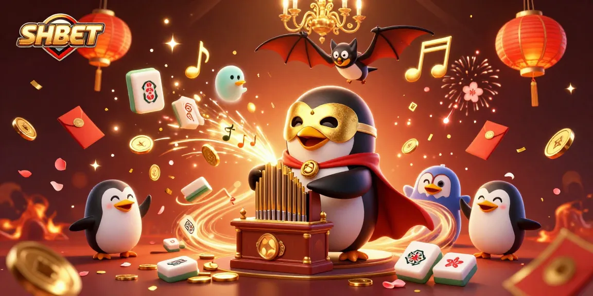 Join the excitement at SHBET as the charming penguin shares golden coins in a vibrant casino scene.