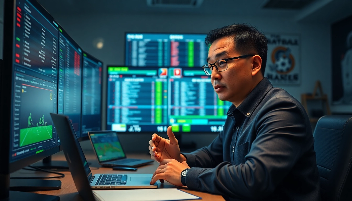 Dynamic view of an analyst examining tỷ lệ kèo nhà cái in a modern betting office.