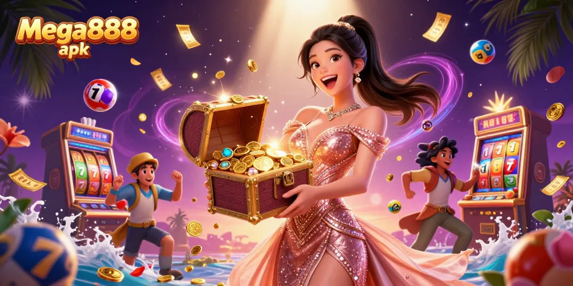 Experience the thrill of winning with mega888 apk, surrounded by exciting casino elements and treasures.