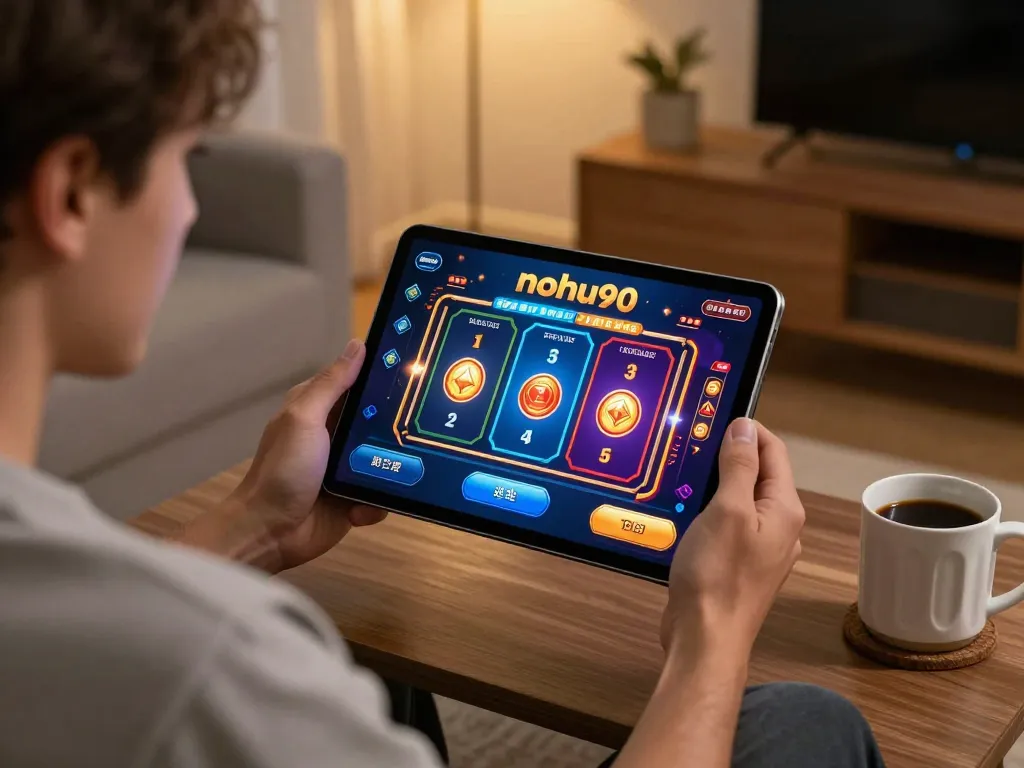 Nohu90 player enjoying an exciting online casino experience in a cozy home setup.