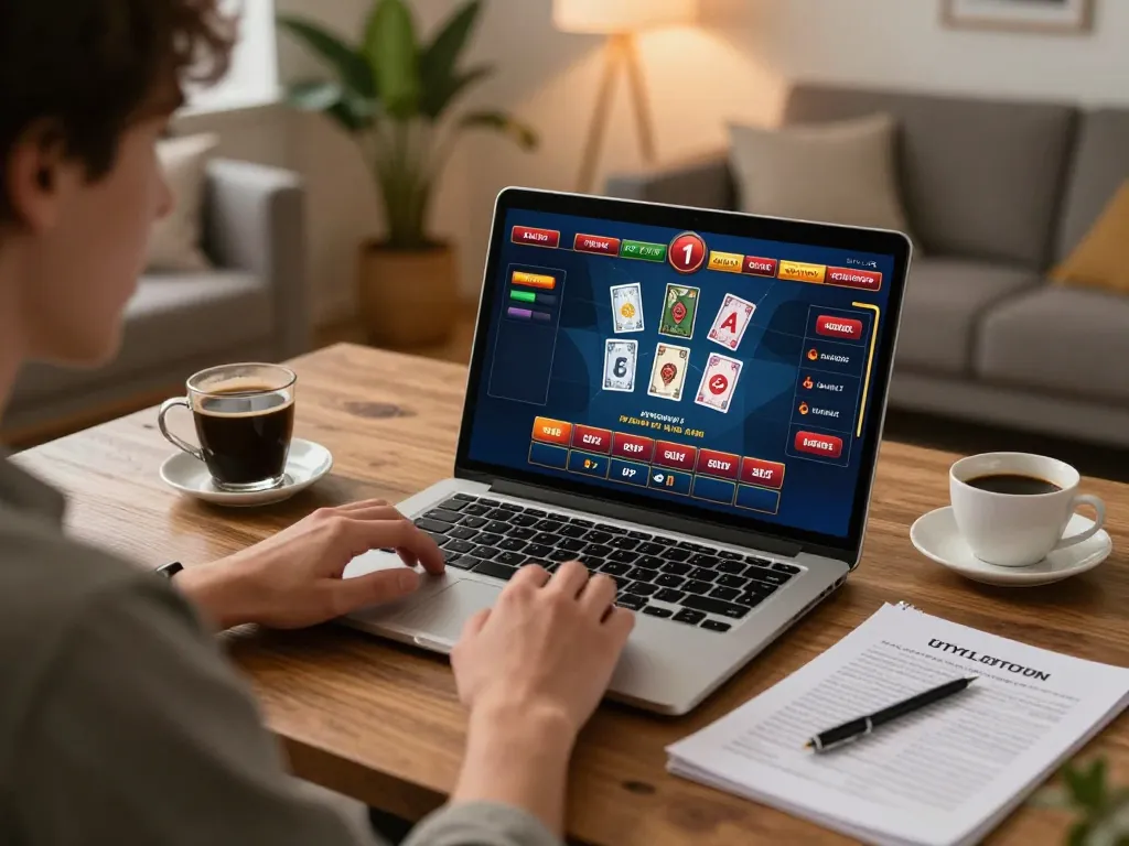 Pemain menikmati permainan kasino online di aman788, dengan ekspresi fokus dan catatan strategi di pengaturan yang nyaman.