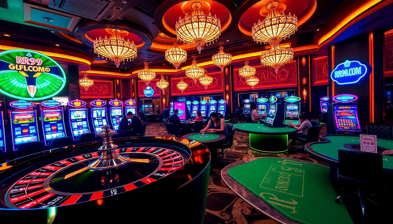 Experience the vibrant excitement of RR99.COM with roulette and poker tables in a luxurious casino.