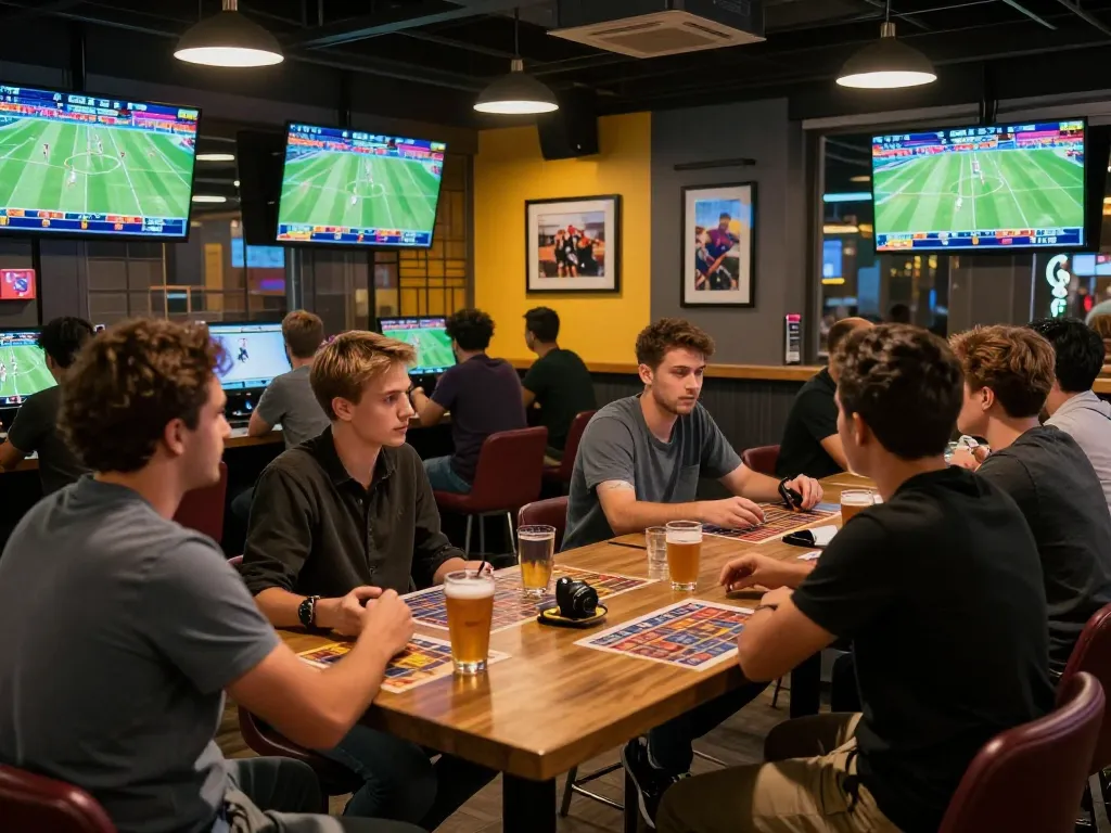 Betting excitement at 9bet's sports lounge with bettors engaged in live game strategies