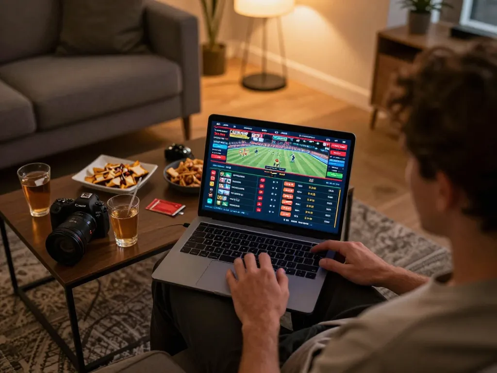 Engaging sports betting action on a laptop screen at home, featuring mposport options.