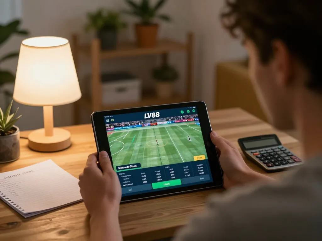 Betting on LV88 through a tablet in a cozy living room filled with strategic notes and warm lighting.