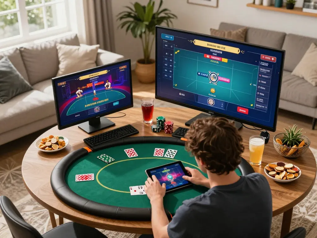 Tip88 player enjoying a dynamic poker game on tablet in a cozy home setting.