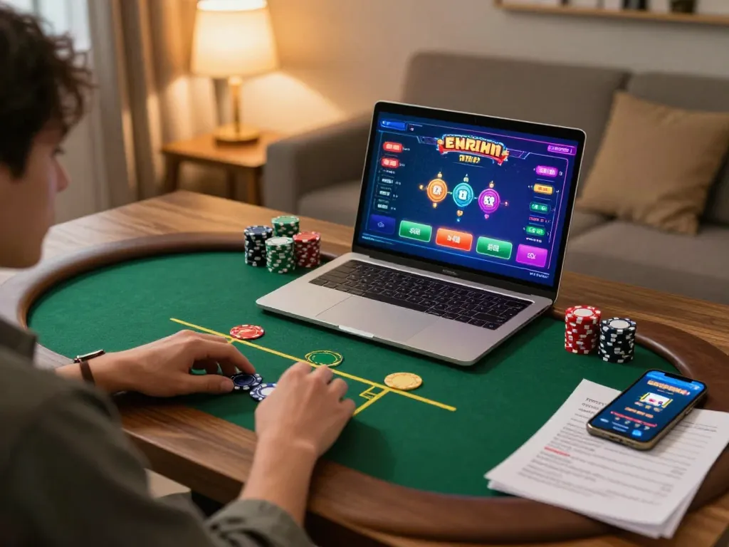Bong99 user enjoying online poker with vibrant graphics in a cozy living room.