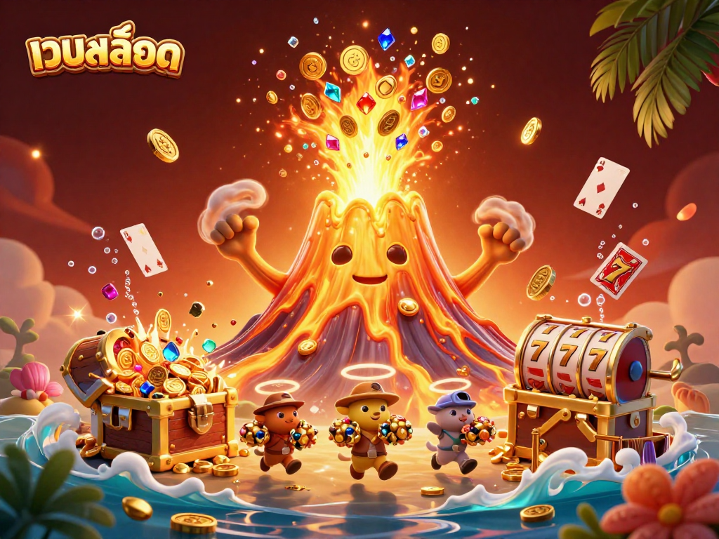 Spin the reels at เว็บสล็อต with vibrant 3D visuals showcasing treasure erupting from a golden volcano.