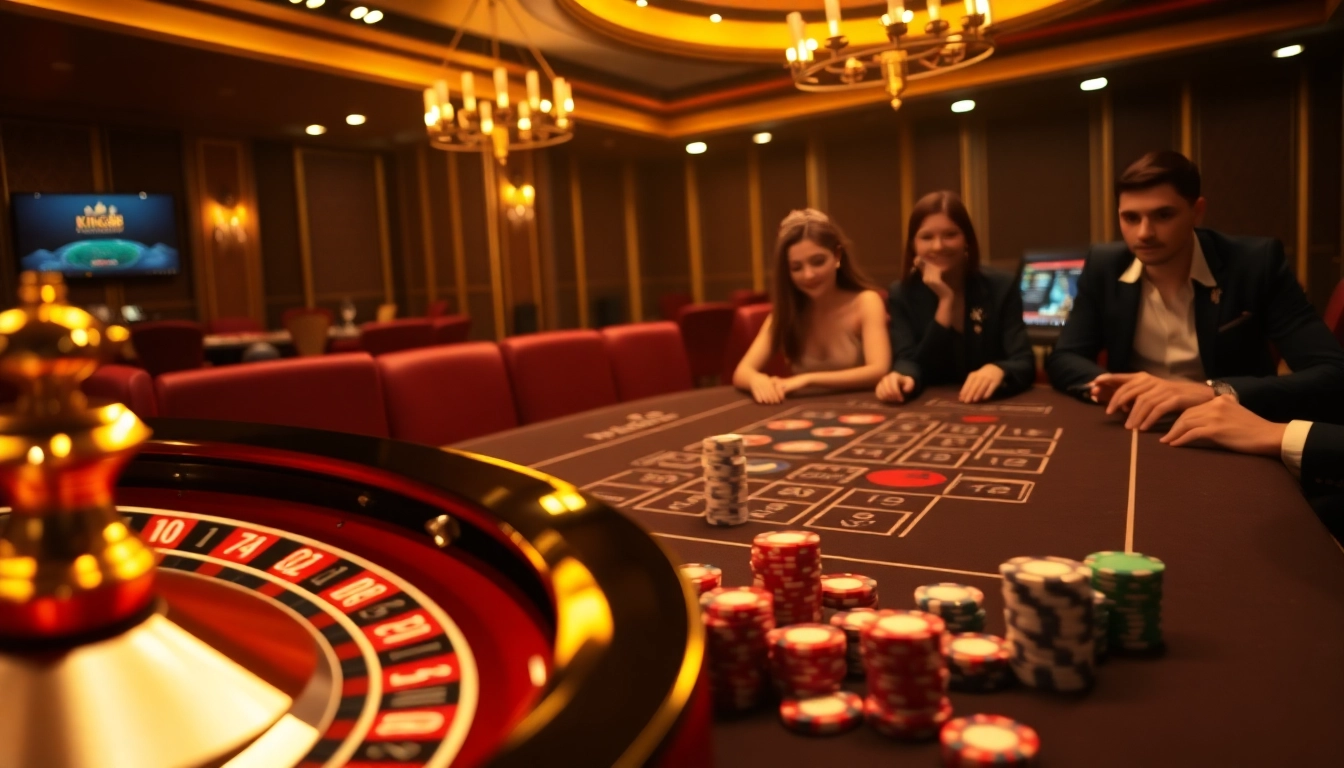 Players experience thrilling excitement at King88's casino tables with vibrant roulette and poker action.