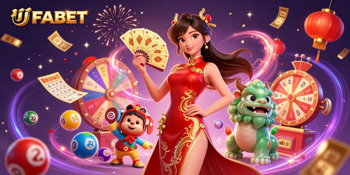 Experience thrilling gameplay at UFABET with a vibrant display of lottery balls, a prize wheel, and dynamic characters.