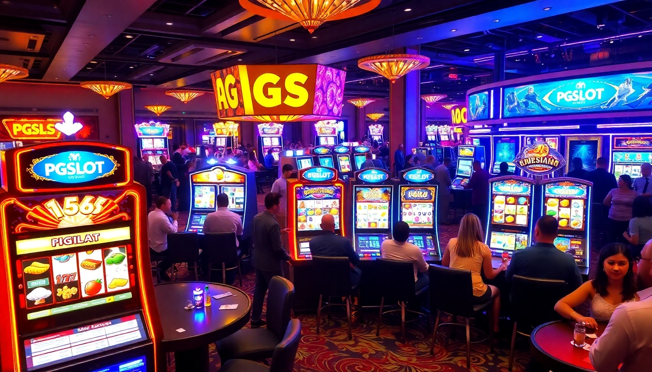 Exciting casino scene with diverse players at PGSLOT slot machines, showcasing vibrant graphics and a luxurious atmosphere.