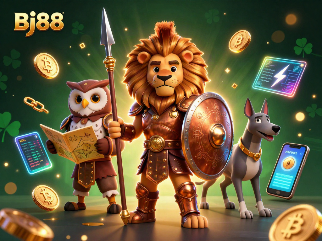 Bj88 brings dynamic crypto gaming to life with a hero lion, strategist owl, and speedy greyhound.
