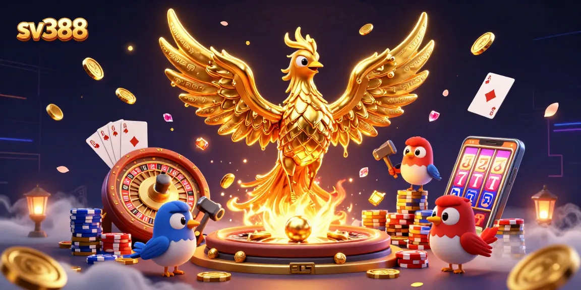 sv388 showcases the molten metal phoenix and lively casino elements in an exciting scene.