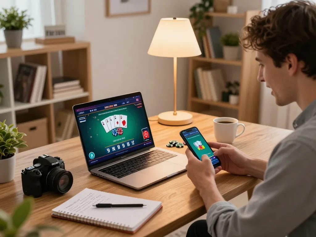 Engaging in online poker at home with luckywin interface on laptop, promoting strategic gameplay.