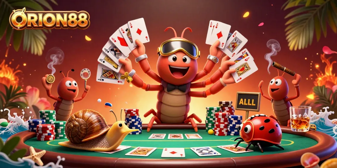 Engaging poker scene showcasing ORION88 with a cartoon dealer and colorful chip stacks at a vibrant table.