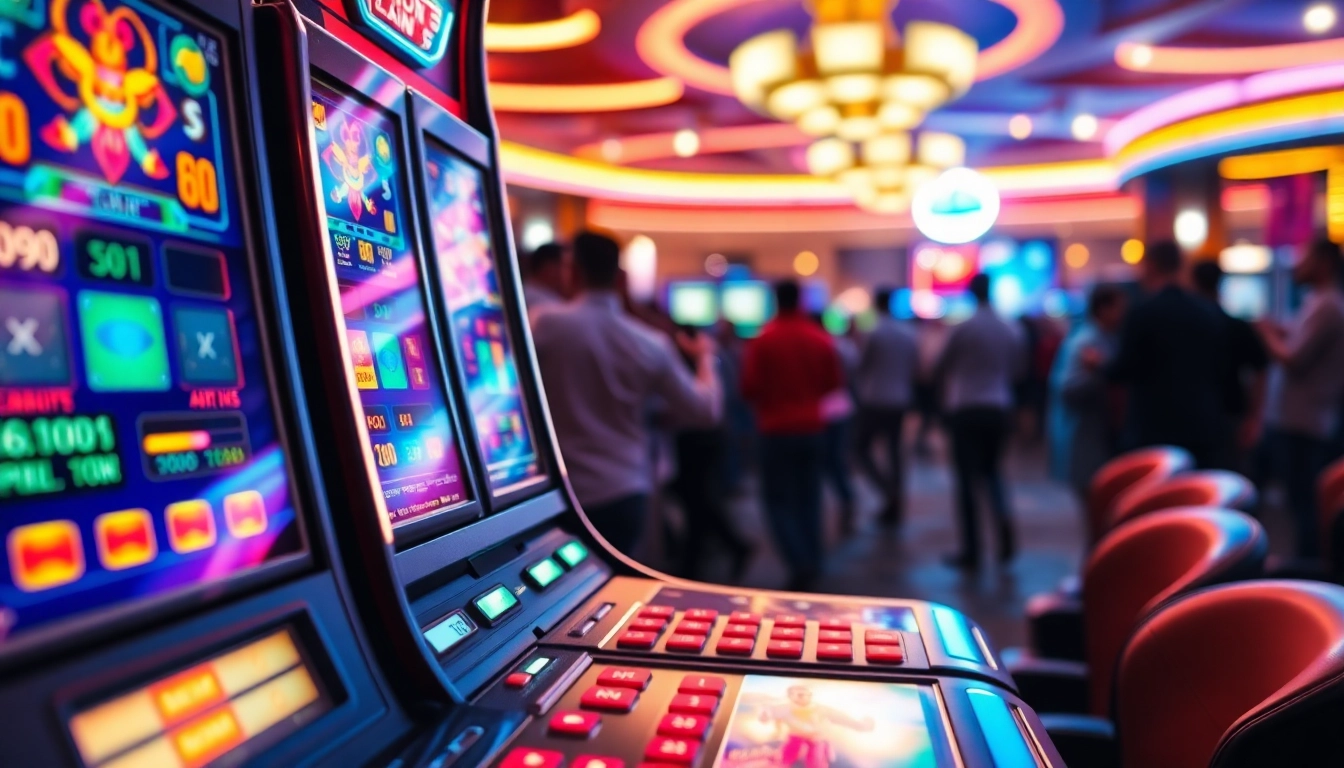 Garasislot mesin dengan desain menarik dan cahaya neon yang cerah, memberikan pengalaman bermain yang mendebarkan.