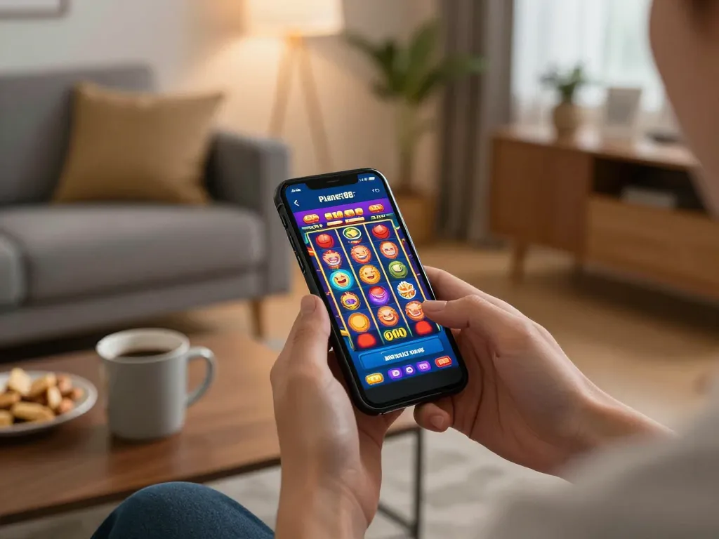 Player using Planet88 mobile app on smartphone in a cozy living room setting, enjoying online slot gaming experience