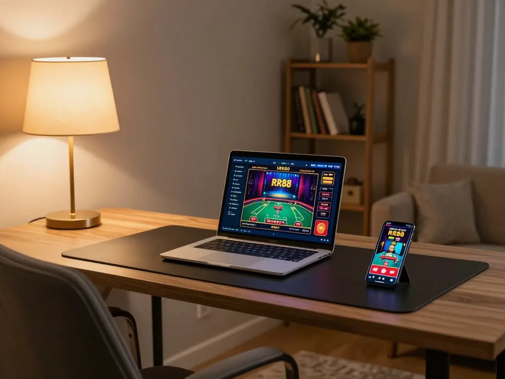 Engaging in RR88 online gaming on a modern laptop with a live dealer game displayed, showcasing a cozy setup.