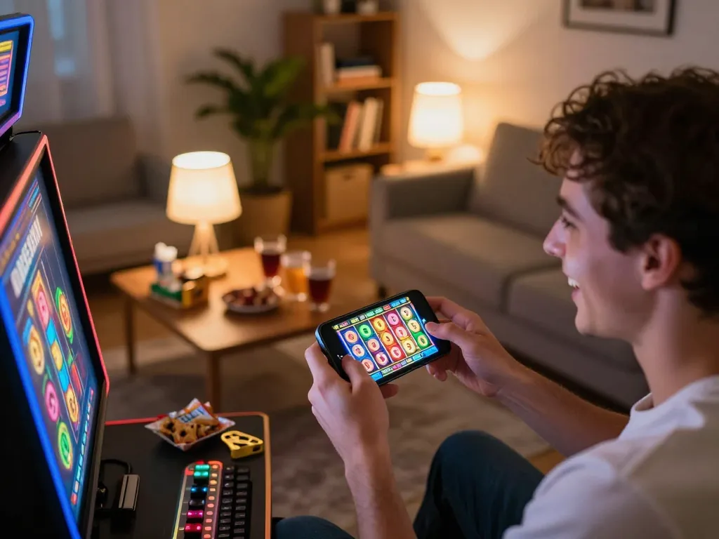 Player spinning colorful online slots on smartphone, showcasing gincal’s exciting gaming experience.