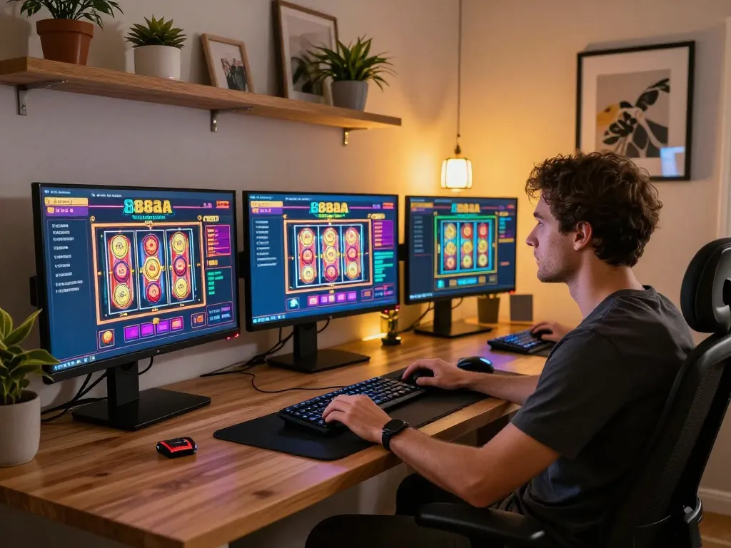 Engaging in online gaming at 88aa, a player uses multiple screens for an immersive experience.