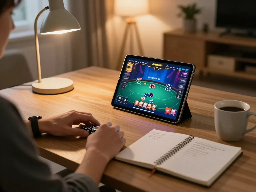 MMOO player strategies on tablet during online gambling session in cozy home setup