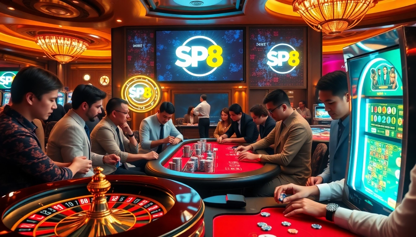 Experience the excitement of SP8 as players engage in poker and roulette in a vibrant casino setting.