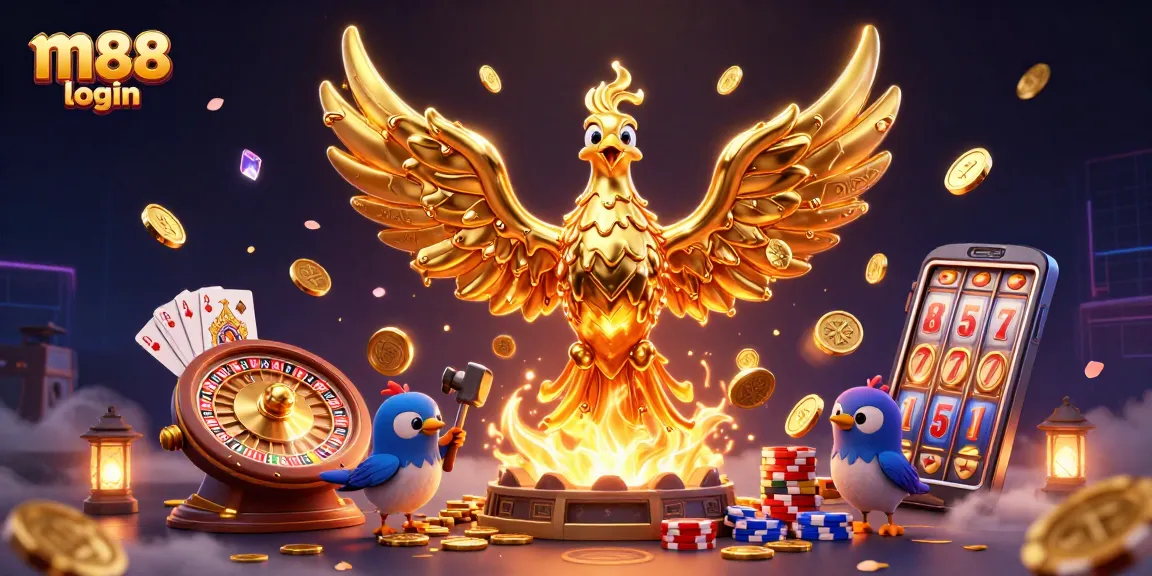 Engage in the vibrant world of m88 login with golden phoenix rising, and casino elements swirling around.