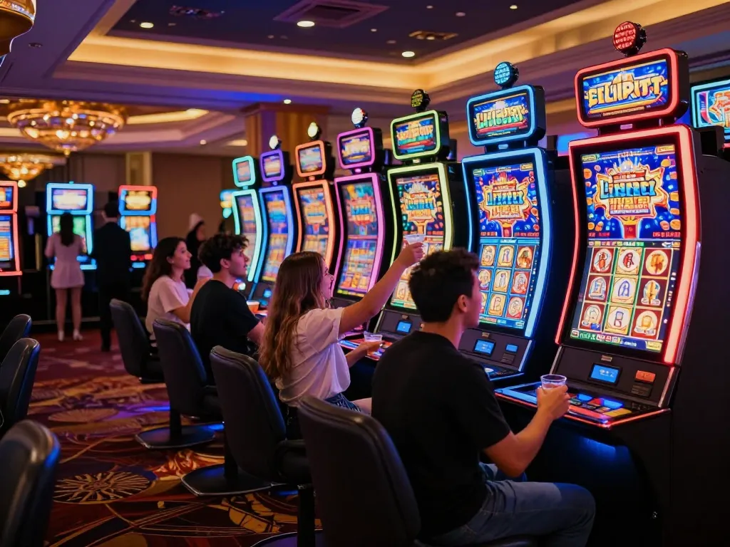 Players rejoicing at winning a jackpot while enjoying Link Slot machines in a vibrant casino atmosphere