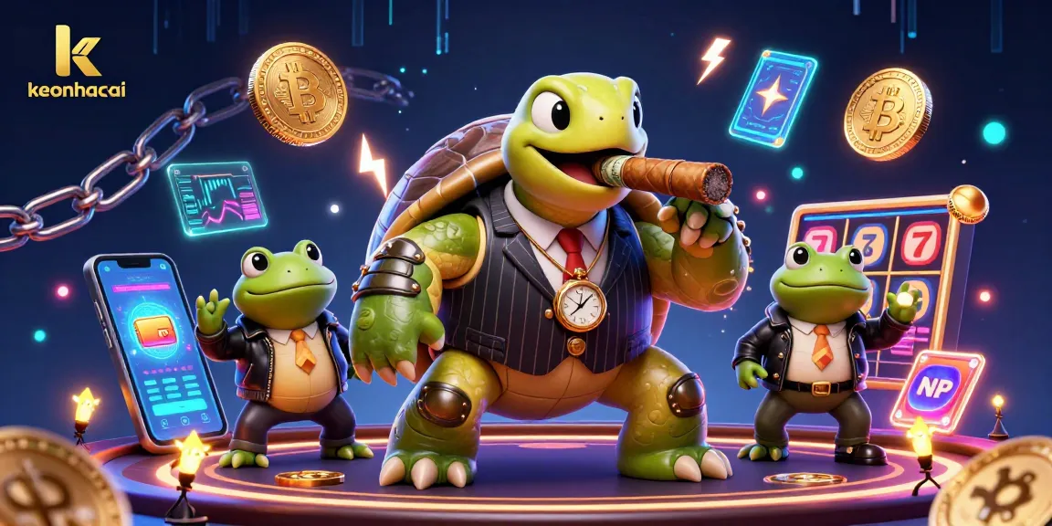 Engage with keonhacai's vibrant casino scene featuring a snapping turtle in a mobster suit, surrounded by crypto elements.