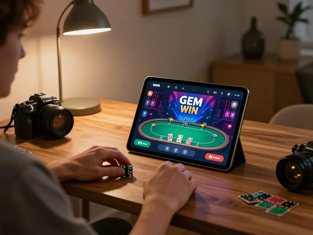 Begin playing GEM WIN poker with a tablet in a cozy home environment, showcasing engaging gameplay.