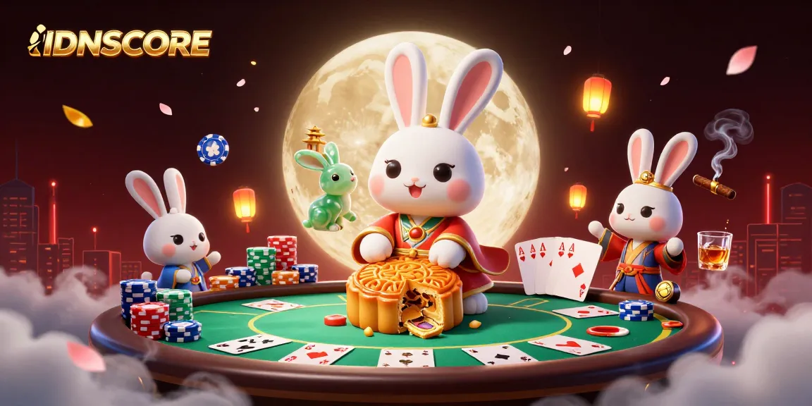 Engage with IDNSCORE's thrilling poker scene featuring a moon rabbit and vibrant casino elements.